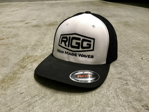 RIGG MMW White Black Mesh Flexfit Trucker Hat - Clothing, Flex Fit - Wake Wear, RIGG Wake Wear - RIGG Wake Wear